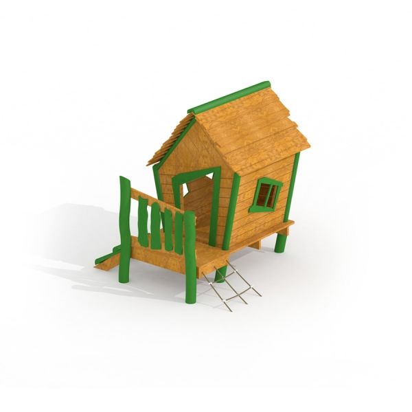 Drewniany domek dla dzieci Domek Britty z zielonymi akcentami i drabinką.