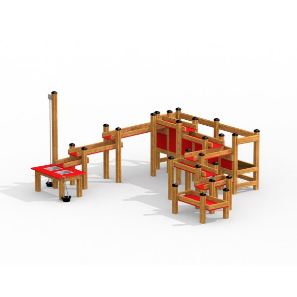 Drewniany zestaw piaskowy dla dzieci z zjeżdżalnią i ławkami.