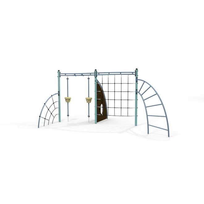 Plac zabaw Perseusz z huśtawkami i ścianką wspinaczkową na białym tle.