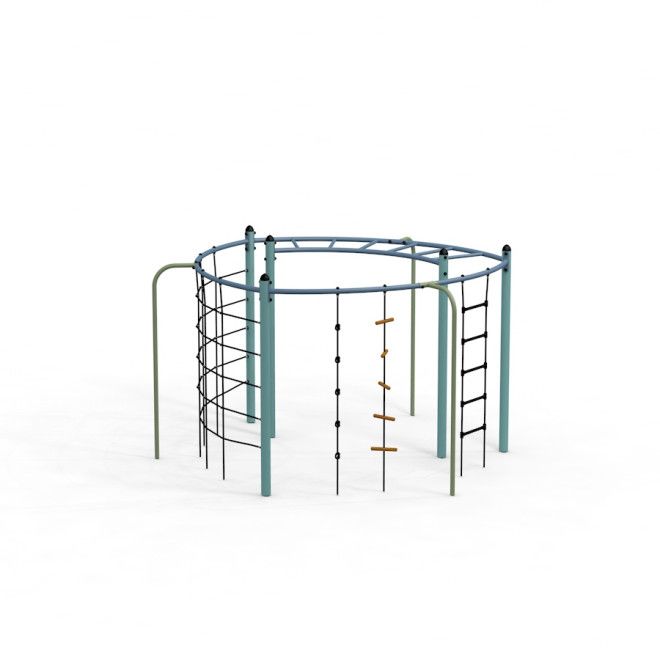 Plac zabaw Delfin z metalowymi drabinkami i linami wspinaczkowymi na białym tle.