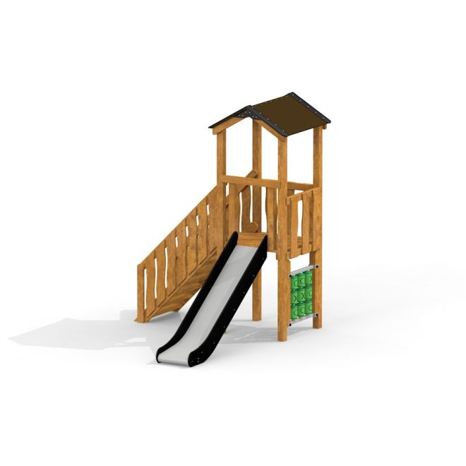 Drewniany plac zabaw Logo Modern Nature z zjeżdżalnią i ścianką wspinaczkową.
