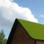 Drewniany domek z dachem pokrytym sztuczną trawą na tle niebieskiego nieba z białymi chmurami.