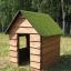 Drewniany domek dla dzieci z zielonym dachem pokrytym sztuczną trawą stoi na trawiastej płaszczyźnie