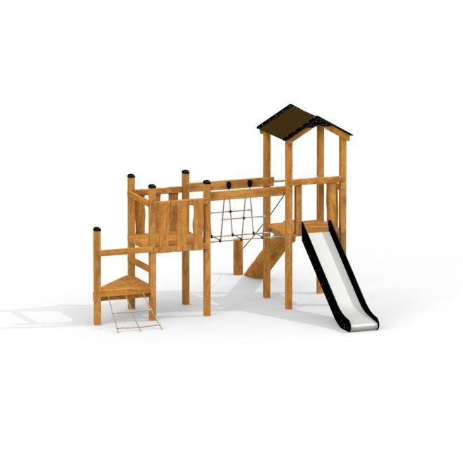 Drewniany plac zabaw Trójbok Modern Nature z zjeżdżalnią i siatką wspinaczkową.