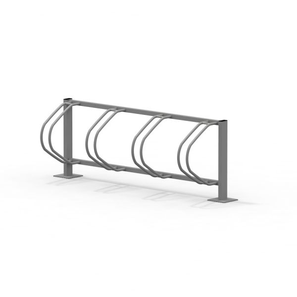 Stojak rowerowy o nowoczesnym designie z pięcioma miejscami parkingowymi.