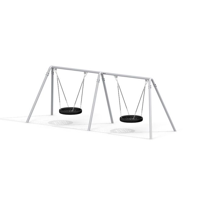 Podwójna huśtawka Atlantis dla dzieci z metalową ramą i okrągłymi siedziskami.