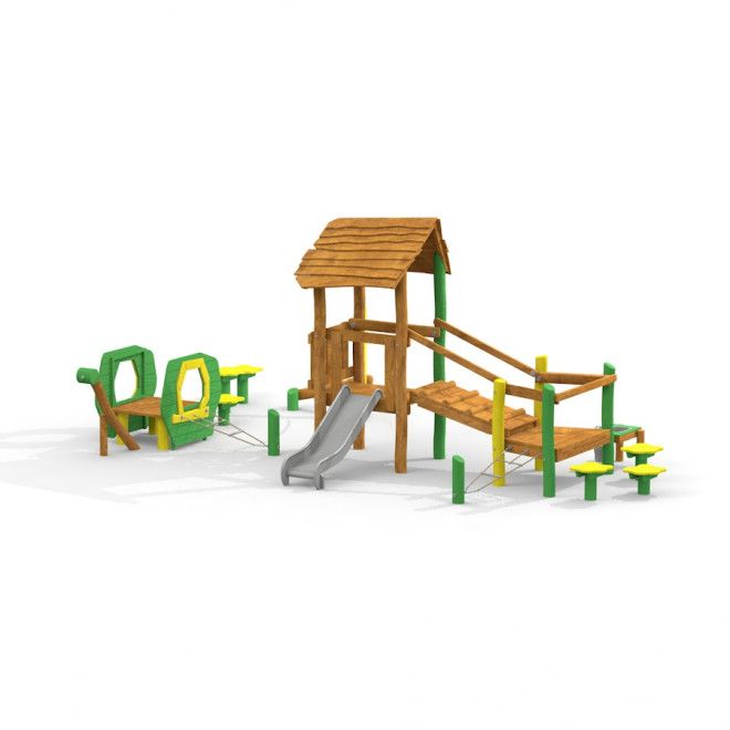 Drewniany plac zabaw dla dzieci Domek Alicji z zjeżdżalnią i huśtawkami.
