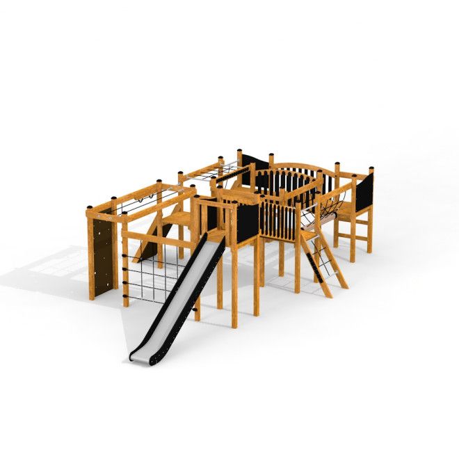 Plac zabaw Baza Korsarzy Nature II z drewnianymi wieżami, zjeżdżalnią i elementami wspinaczkowymi.