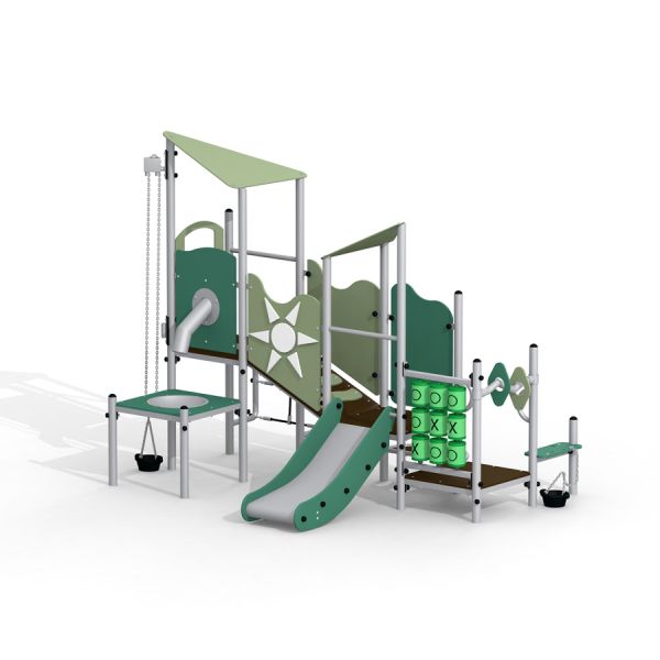 Wielofunkcyjny plac zabaw dla dzieci z zielono-brązowymi elementami, zjeżdżalnią i ścianką do wspina