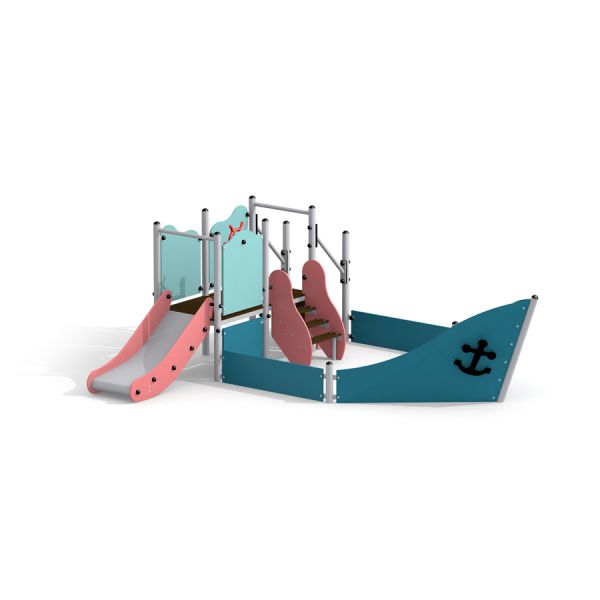Dziecięcy plac zabaw w kształcie statku z dwoma zjeżdżalniami i elementami wspinaczkowymi.