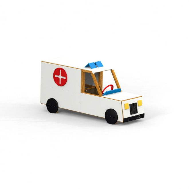 Drewniany ambulans dla dzieci z symbolem czerwonego krzyża i niebieskimi sygnałami.