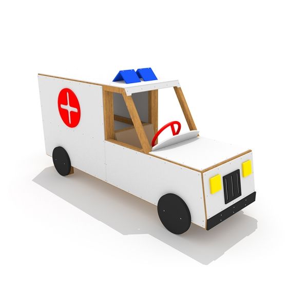 Drewniany ambulans dla dzieci z symbolem czerwonego krzyża i niebieskimi sygnałami.