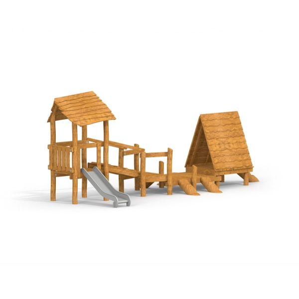 Drewniany plac zabaw Galapagos z zjeżdżalnią dla dzieci.