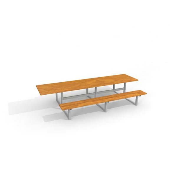 Długi stół piknikowy dla osób niepełnosprawnych z metalowymi nogami i drewnianymi blatem oraz ławkam