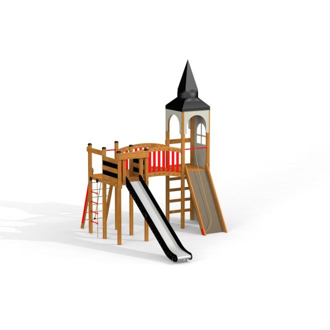 Plac zabaw Alcazar ze zjeżdżalnią i wieżą wizualizacja 3D.