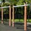 Dwie huśtawki na plac zabaw, model Double Swing Robinia (BNS 120), stabilne słupki z drewna robinia.
