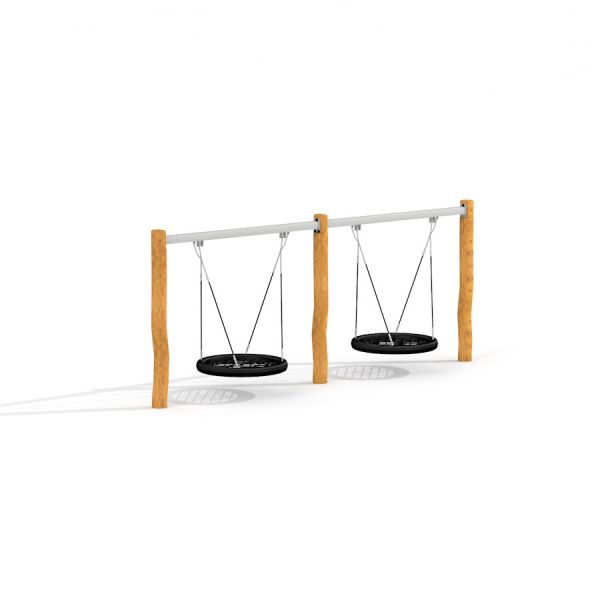 Dwie huśtawki na plac zabaw, model Double Swing Robinia (BNS 120), stabilne słupki z drewna robinia.