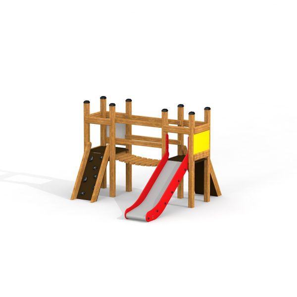 Drewniany plac zabaw Maluch II z żółtymi ściankami i czerwoną zjeżdżalnią dla dzieci powyżej 3 lat.