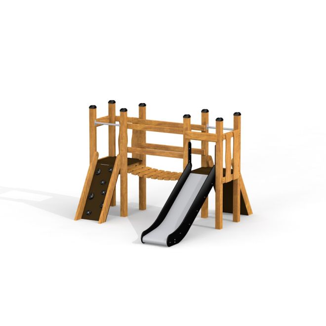 Drewniany plac zabaw Maluch Modern Nature z zjeżdżalnią i ścianką wspinaczkową.