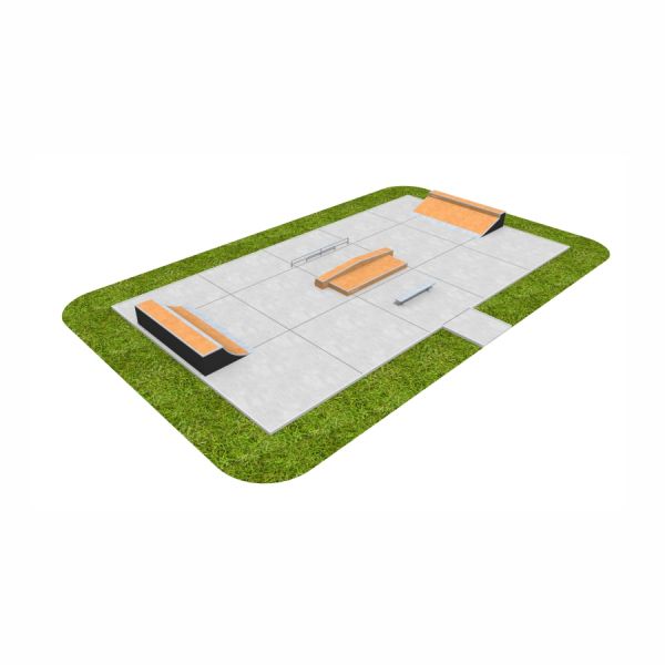 Nowoczesny Skate Park 02 z elementami do jazdy na deskorolce, umieszczony na tle zielonej trawy.