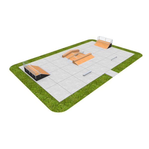 Modułowy skatepark Skate Park 05 z rampami i przeszkodami na zielonej trawie.