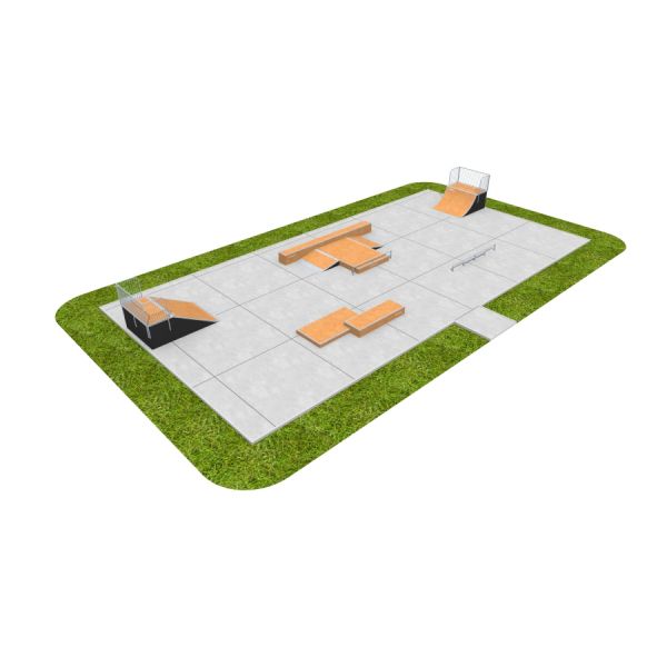 Skate Park 06 z przeszkodami do jazdy na deskorolce i hulajnodze.