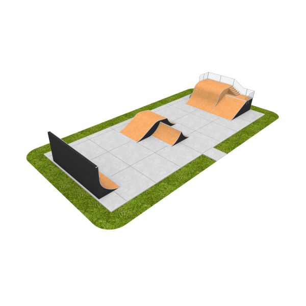 Skate Park 14: Przenośny park dla deskorolkowców z elementami ramp i barier.