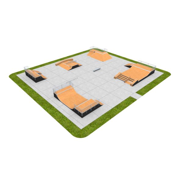 Modułowy skate park Skate Park 16 z rampami i przeszkodami do jazdy na deskorolce.