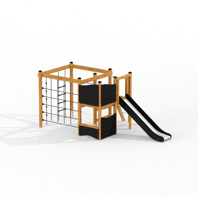 Drewniany plac zabaw Mała Dżungla Nature z czarną zjeżdżalnią i siatką wspinaczkową.