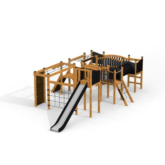 Duży drewniany plac zabaw Baza Korsarzy Nature z zjeżdżalnią i drabinkami.