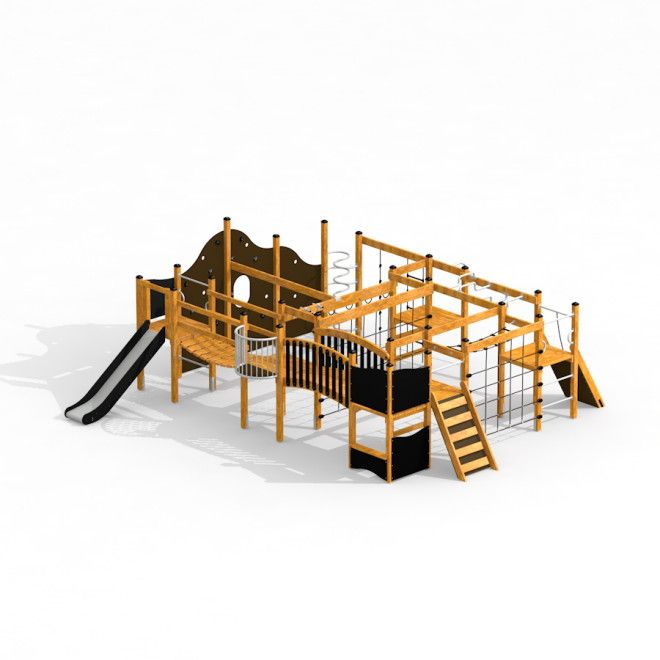 King-Kong Nature duża drewniana konstrukcja zabawowa z zjeżdżalnią i ścianką wspinaczkową.