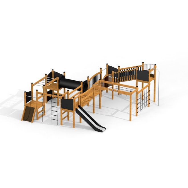 Drewniany plac zabaw Forteca Nature z zjeżdżalnią i mostkiem.