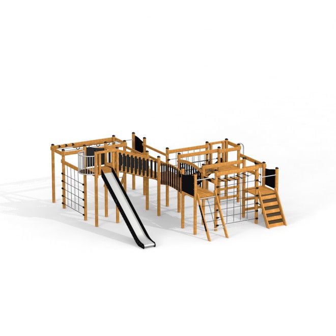 Wyeksponowana stacja kosmiczna Nature z zjeżdżalnią i mostkami dla dzieci.