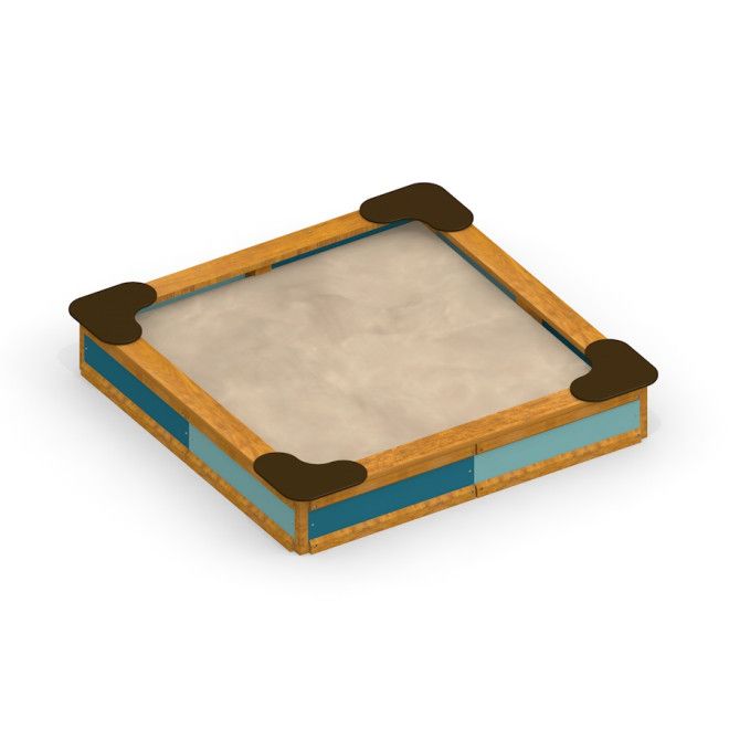 Piaskownica Classic Nature z drewnianymi bokami i pastelowymi narożnikami.