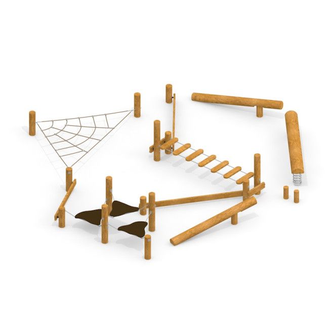 Drewniany plac zabaw Gobi z elementami wspinaczkowymi i siatką.
