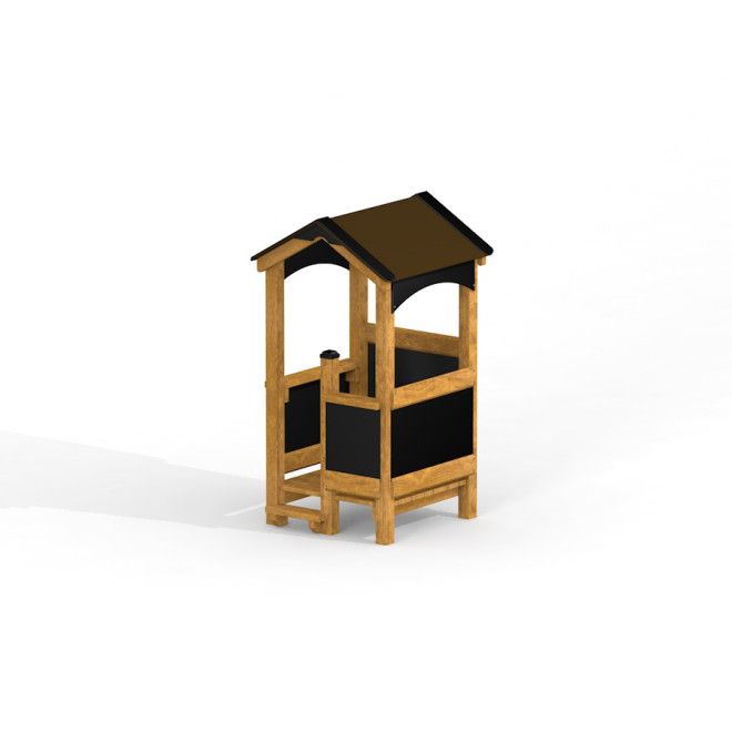 Drewniany domek zabaw dla dzieci z czarnymi tablicami i daszkiem.
