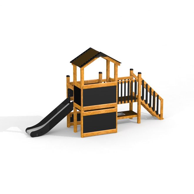Drewniany plac zabaw Chatka wiejska Nature z zjeżdżalnią dla dzieci.