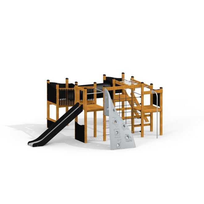 Place zabaw Wyzwanie Nature Aztec II z drabinką, zjeżdżalnią i ścianką wspinaczkową.