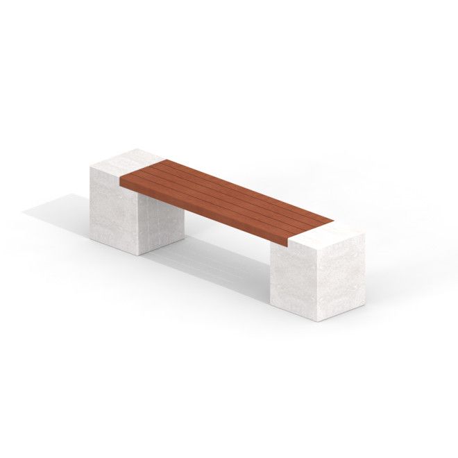 Nowoczesna ławka Vega Deco z białymi betonowymi podstawami i drewnianym siedziskiem.