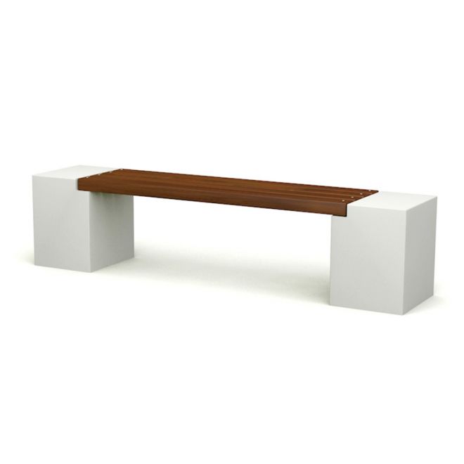 Nowoczesna ławka Vega Deco z białymi betonowymi podstawami i drewnianym siedziskiem.