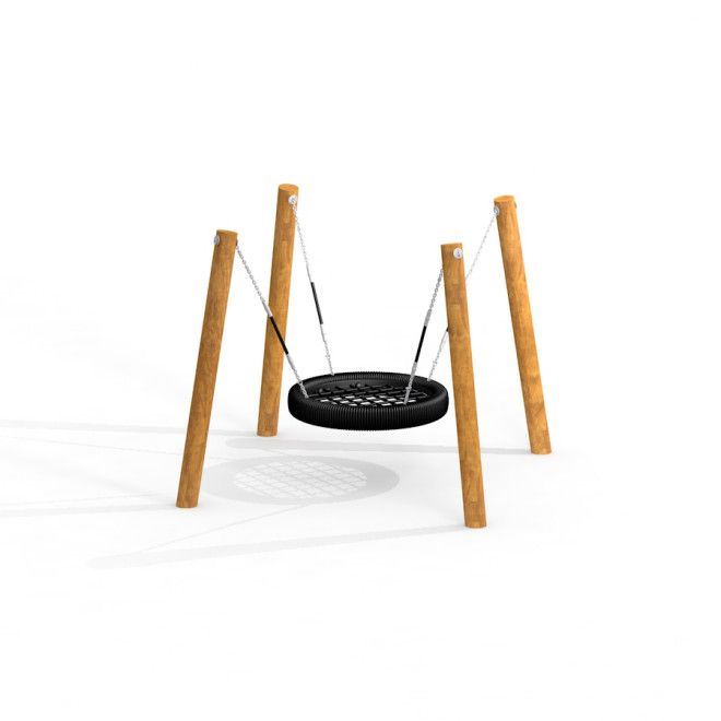 Huśtawka ogrodowa BNS Robinia akacjowa na 4 nogach z czarnym siedziskiem.