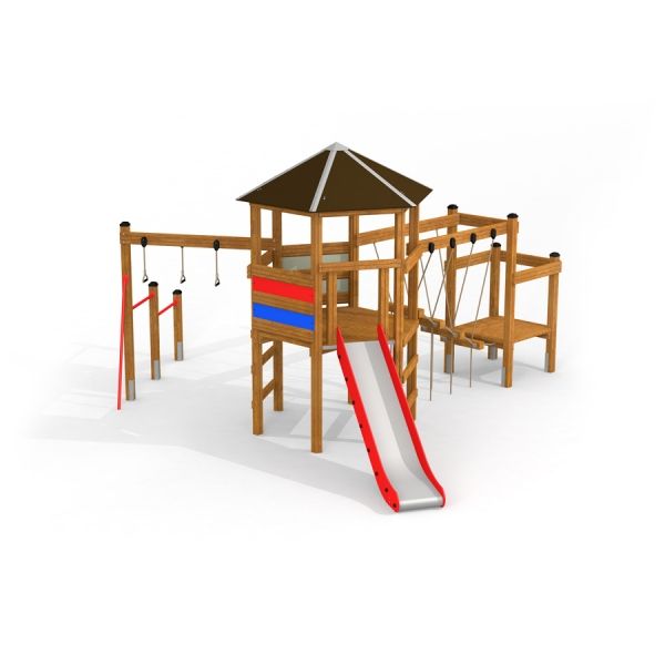Drewniany plac zabaw dla dzieci z zjeżdżalnią, huśtawkami i mostem zwodzonym.