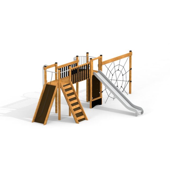 Plac zabaw Spiderman z drewnianymi elementami, ślizgawką i siatką wspinaczkową.