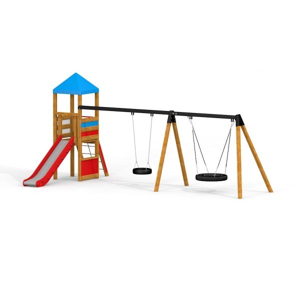 Plac zabaw dla dzieci z huśtawkami, zjeżdżalnią i wieżą obserwacyjną.